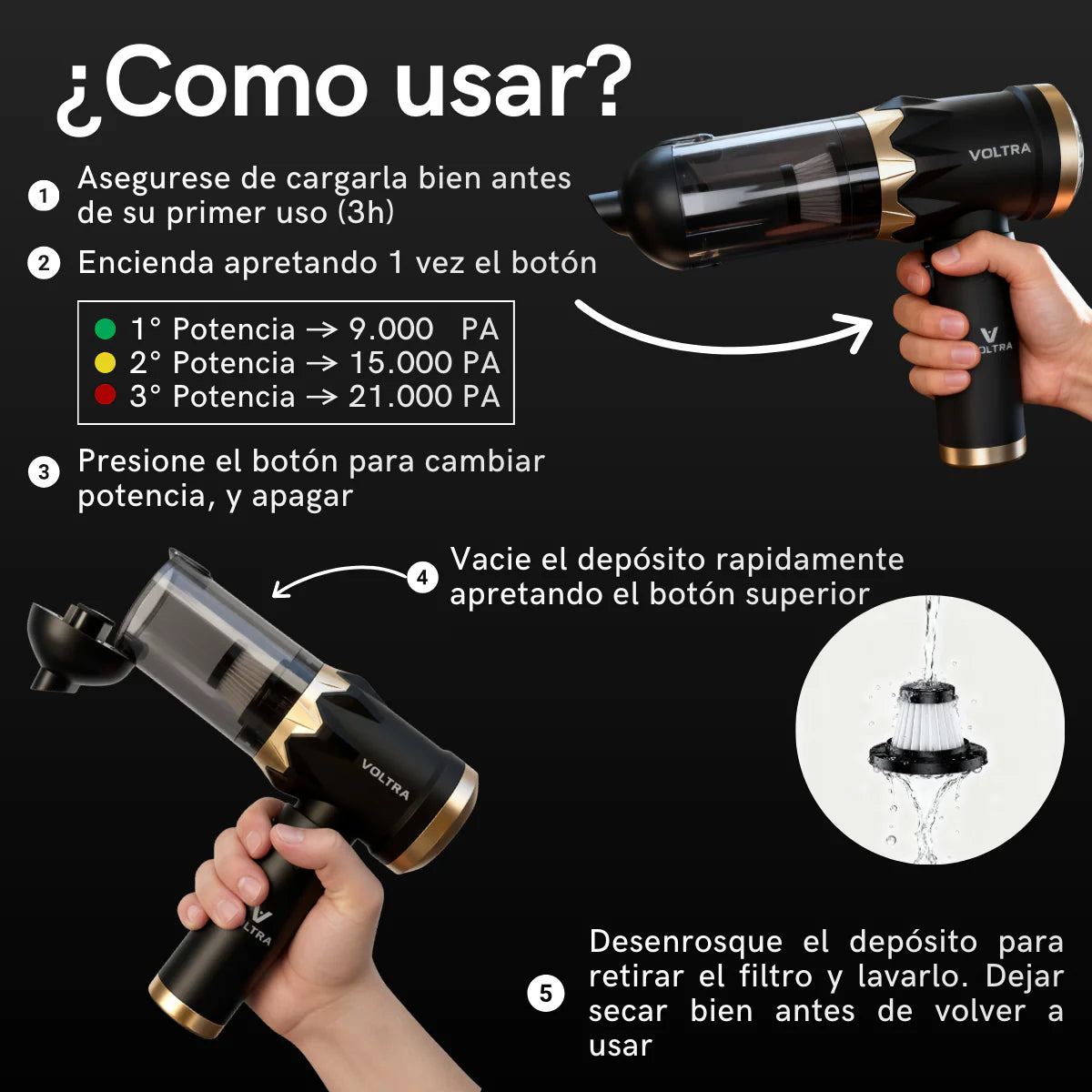 Aspiradora Inalámbrica Voltra® 3 en 1 – 21.000 Pa | 180W | USB-C